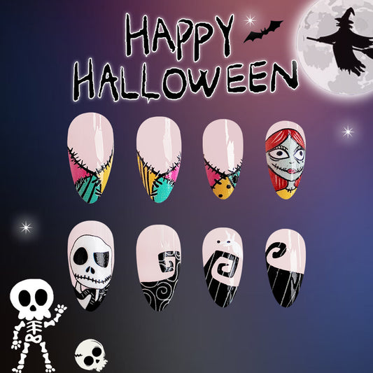 Spooky Elegance Medium Oval Multicolor Halloween Press On Nail Set With Character Artwork Designs