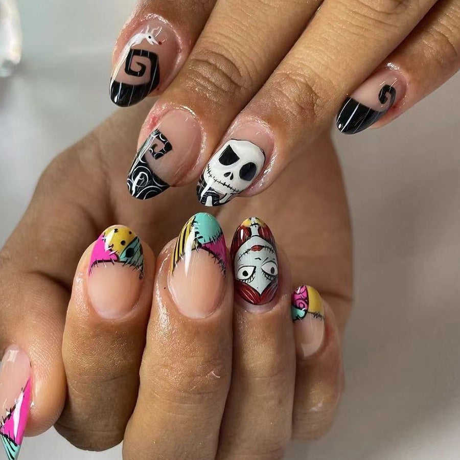 Halloween Themed Medium Length Oval Press On Nail Set With Black And Multicolor Detailed Character Art Designs