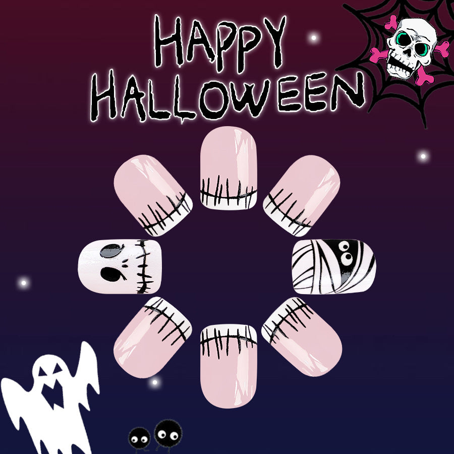 Spooky Elegance Medium Squarel Pink and Black Halloween Themed Press On Nail Set with Cartoon Skull and Ghost Accents