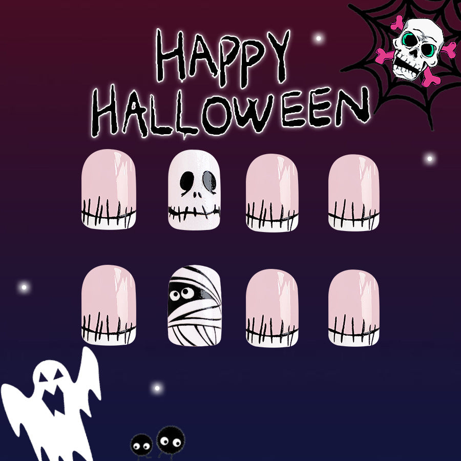 Spooky Elegance Medium Square Light Pink Press On Nail Set with Halloween Characters Design