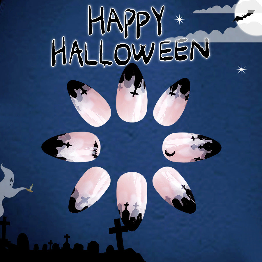 Spooky Elegance Medium Almond Black and Pink Halloween Silhouette Press On Nail Set