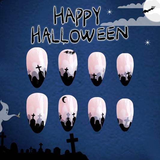 Spooky Elegance Medium Almond Gradient Pink False Nails with Halloween Silhouettes