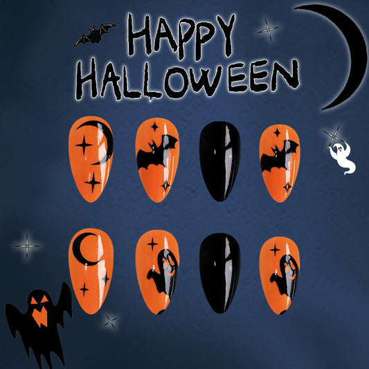 Spooky Elegance Long Almond Orange & Black Press On Nail Set, with Halloween Themed Designs
