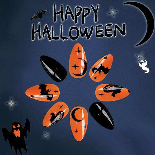 Spooky Elegance Extra-Long Almond Press On Nail Set, Orange and Black with Halloween Bat Design