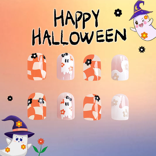 Spooky Elegance Short Oval Pastel Orange and White Press On Nail Set with Halloween Ghost and Floral Accents