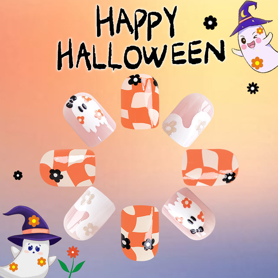 Enchanted Autumn Short-Length Square Orange Halloween-Themed Press On Nail Set with Ghost and Candy Corn Designs