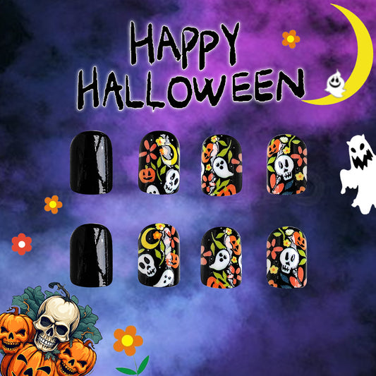 Spooky Season Short Oval Black Halloween Cartoon Pumpkin and Ghost Press On Nail Set
