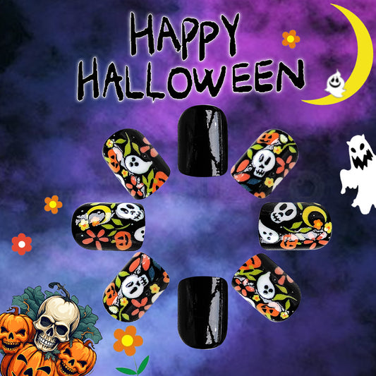 Spooky Halloween Theme Short Oval Black Press On Nail Set with Festive Skull and Pumpkin Designs