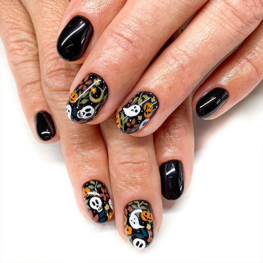 Halloween Festivities Short Oval Black Press On Nail Set with Spooky Ghosts and Skulls Design