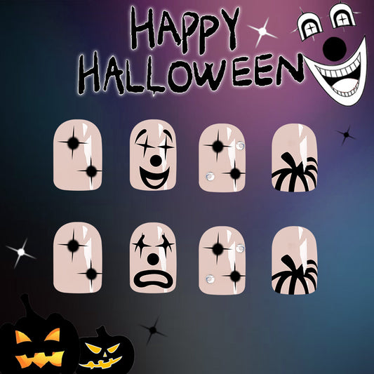 Spooky Elegance Short Oval Pale Pink Press On Nail Set with Halloween-Themed Emojis and Glitter Accents