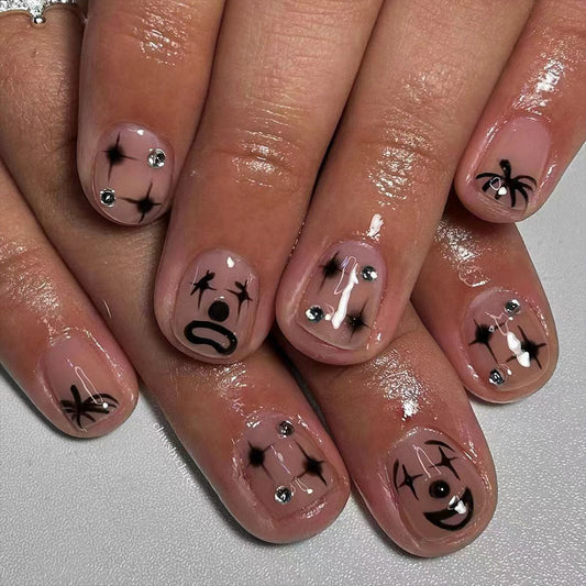 Halloween Festivity Short Oval Beige Press On Nails with 3D Spooky Faces and Rhinestone Accents