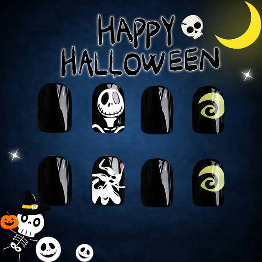 Spooky Spectacle Short Square Black Press On Nails With Halloween Character Accents