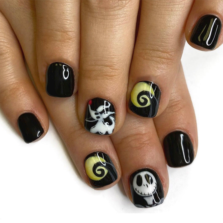 Spooky Elegance Short Square Black Press On Nail Set With Halloween Themed Artwork Design
