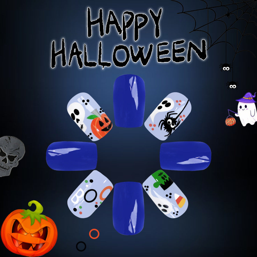 Spooky Halloween Themed Medium Square Blue Press On Nails with Playful Ghost and Pumpkin Accents