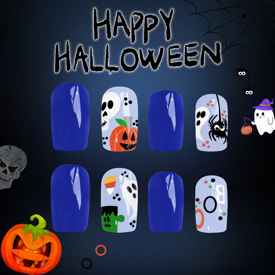 Spooky Elegance Medium Square Blue Halloween Themed Press On Nail Set with Ghost and Pumpkin Designs