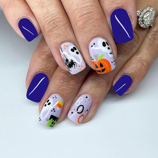 Spooky Season Medium Length Square Shape Press-On Nails with Halloween Pumpkin and Ghost Design in Purple and White Palette