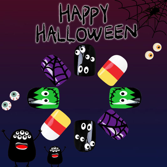 A set of colorful, Halloween-themed press-on nails featuring various designs including spiders, pumpkins, and ghosts.
