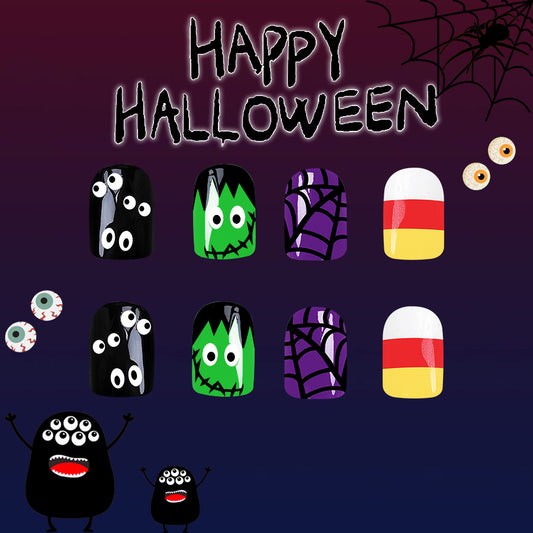 Spooky Season Short Square Multicolor Halloween Themed Press On Nail Set with Glow-in-the-Dark Accent