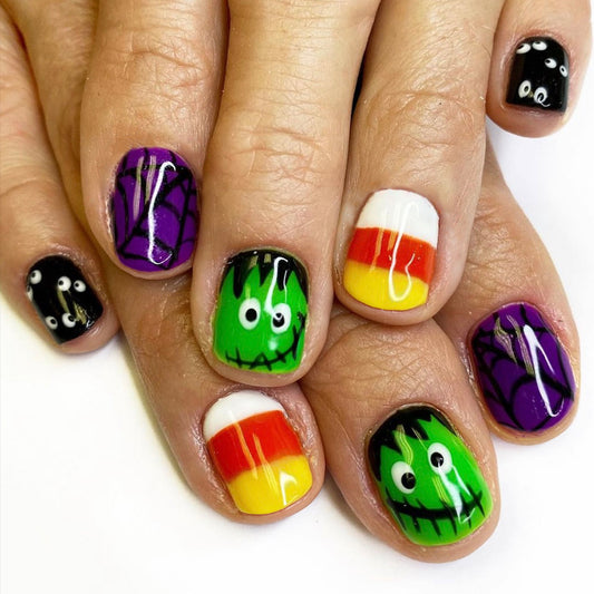 Spooky Elegance Short Square Multicolored Halloween Press On Nail Set with Unique Monster and Candy Corn Designs
