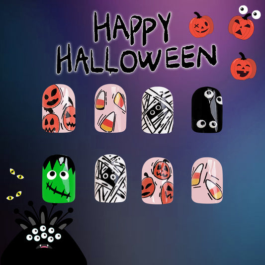 Spooky Halloween Themed Short Length Square Press On Nail Set with Multicolor Cartoon Monster Design