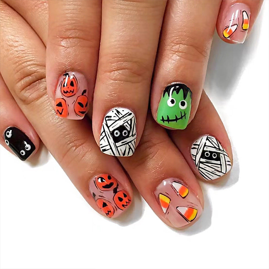 Spooky Celebration Short Square Press On Nail Set, Multi-Color Halloween Themed, Hand-Painted Designs