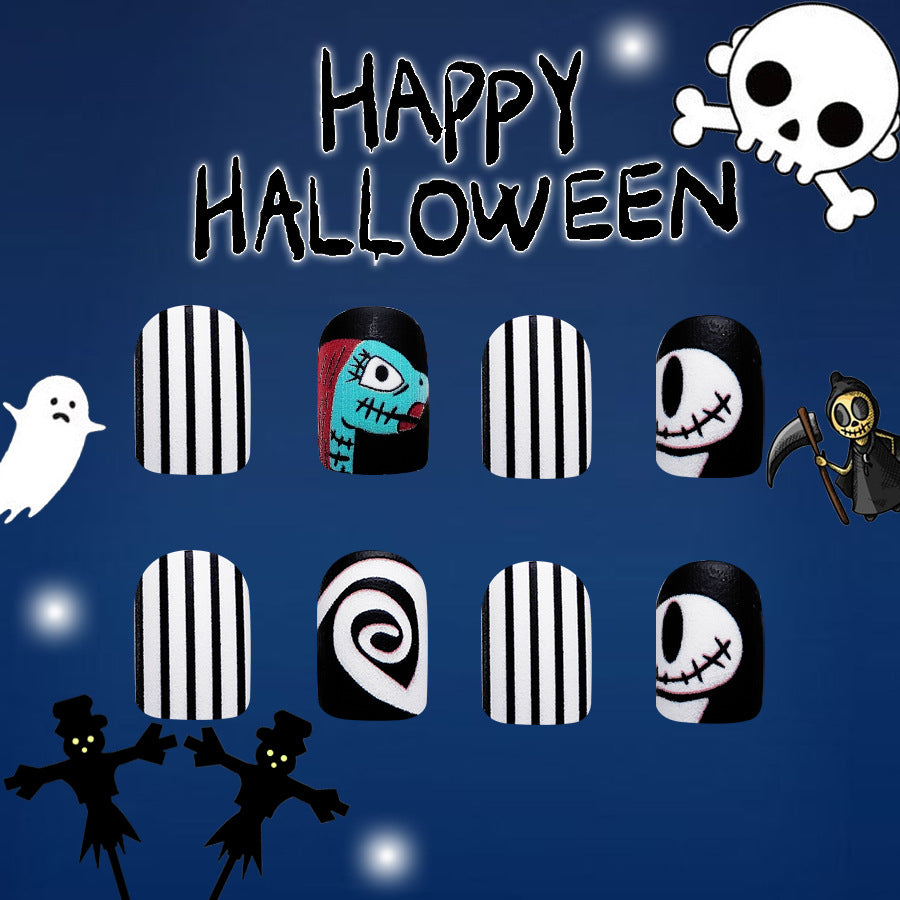 Spooky Spectacle Halloween Themed Short Square Black And White Press On Nails With Cartoonish Monster Accents
