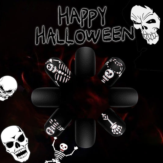 Spooky Elegance Short Oval Black Press On Nails with Skeleton Design for Halloween Glam