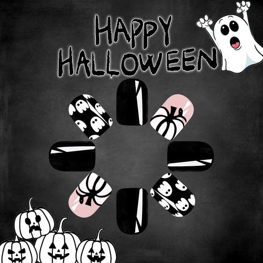 Spooky Elegance Medium Square Black and Pink Halloween-Themed Press On Nail Set with Ghosts and Pumpkins Design