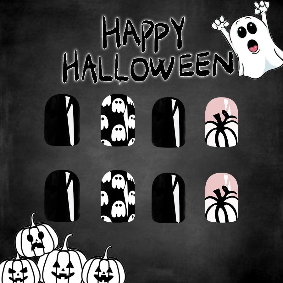 Spooky Chic Medium Square Black Press On Nail Set with Ghost and Spider Designs - Perfect for Halloween Festivities