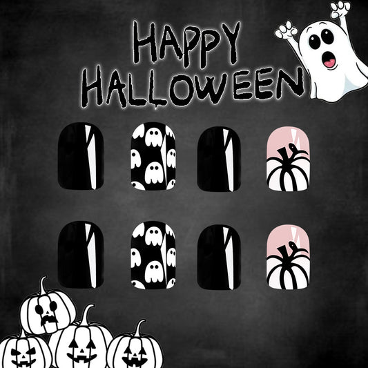 Spooky Chic Medium Square Black Press On Nail Set with Ghost and Spider Designs - Perfect for Halloween Festivities