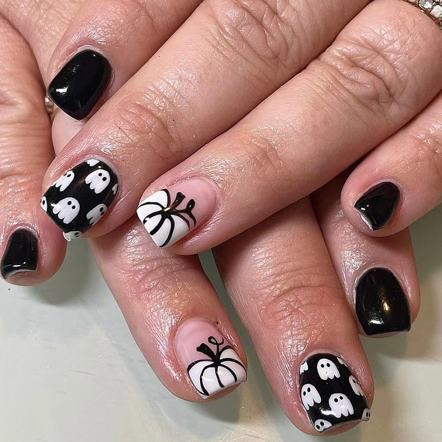 Spooky Elegance Medium Square Black and White Press on Nail Set with Halloween Ghosts and Spider Accents