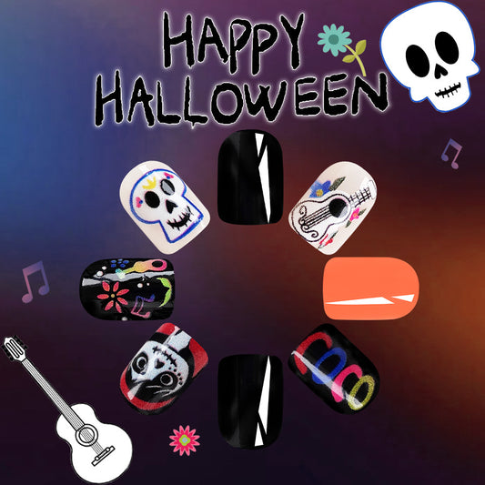 Spooky Fiesta Short Round Multicolor Day of the Dead Press On Nail Set with Decorative Skulls and Musical Accents