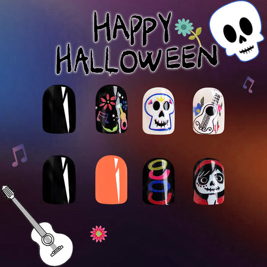 Spooky Fiesta Short Length Round Press On Nail Set Multicolor with Day of the Dead Designs