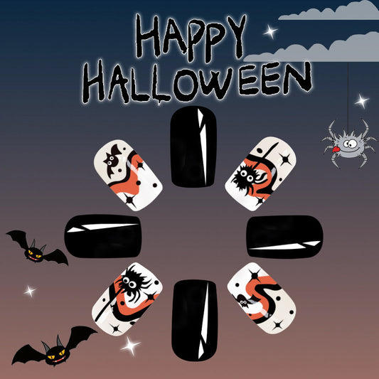 Spooky Glamour Halloween Medium-Length Square Press On Nails in Black and White with Festive Cartoon Accents