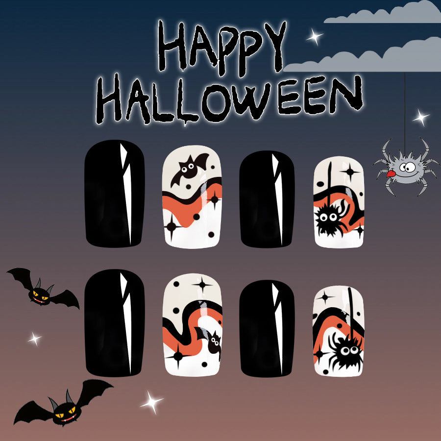 Spooky Halloween Medium Square Black and White Press On Nail Set with Cartoon Ghosts and Bats Design