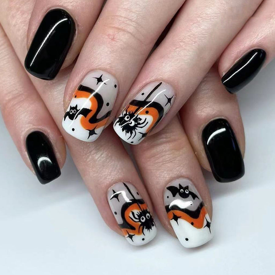 Spooky Chic Medium-Length Square-Shaped Black and White Press On Nails with Halloween Cat Design