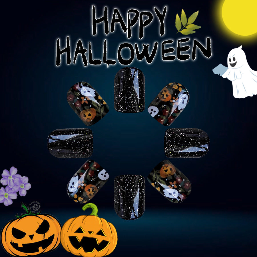 Spooky Elegance Short Square Black Glitter Halloween Press On Nail Set with Festive Pumpkin and Ghost Accents