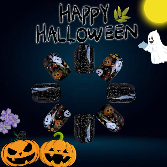 Spooky Elegance Short Square Black Glitter Halloween Press On Nail Set with Festive Pumpkin and Ghost Accents