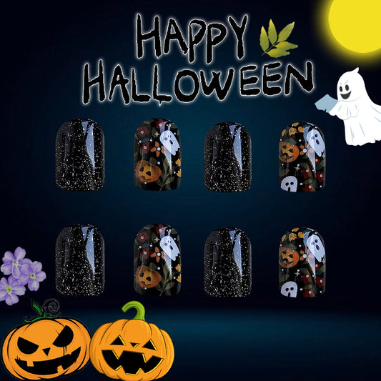 Spooky Elegance Short Square Black Halloween Press On Nail Set with Glitter Accents and Pumpkin Ghost Motifs