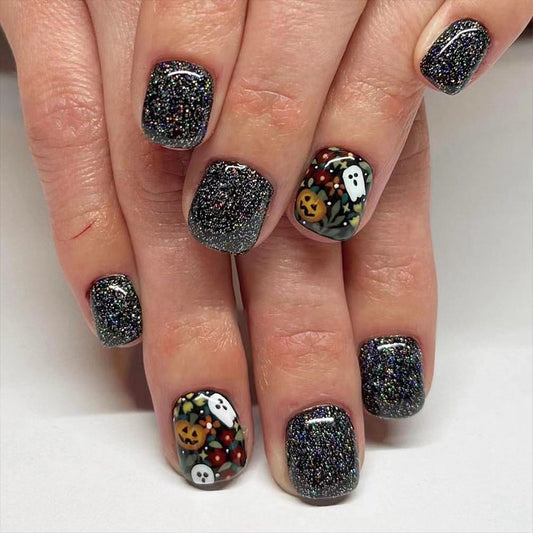 Spooky Elegance Short Square Black Glitter Press On Nail Set with Halloween Accents