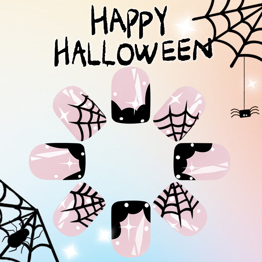Spooky Elegance Medium Square Pink and Black Web Design Press On Nail Set with Glitter Accents