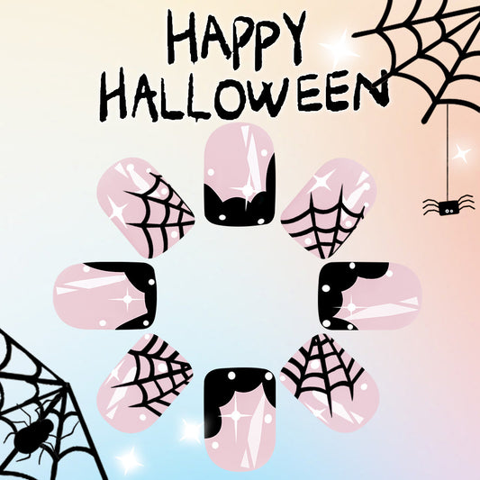 Spooky Elegance Medium Square Pink and Black Web Design Press On Nail Set with Glitter Accents
