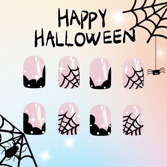Spooky Elegance Medium Square Pink and Black Spider Web Design Press On Nail Set