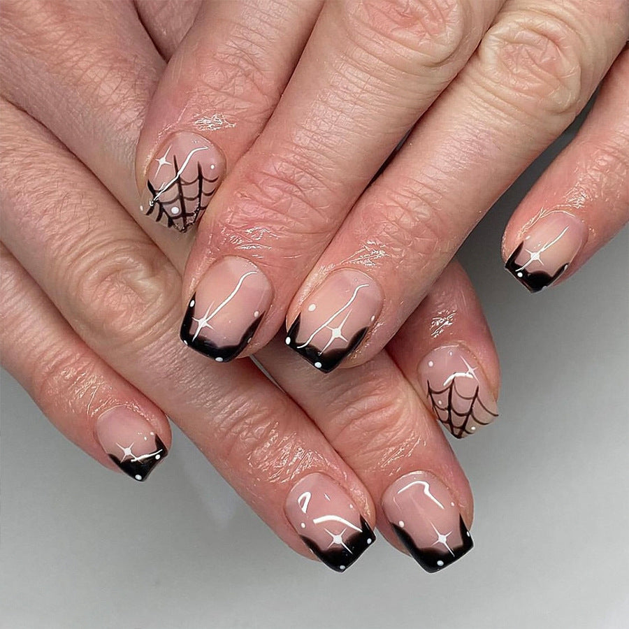 Enchanted Spiderweb Elegance Medium Square Black and Beige Press-On Nails with Delicate Cobweb Art Design
