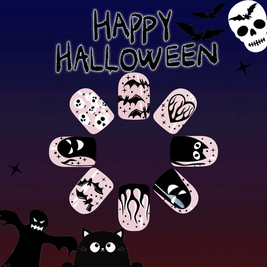Spooky Elegance Short Oval-Shaped Black and Pink Halloween-Themed Press On Nail Set with Ghost and Bat Designs