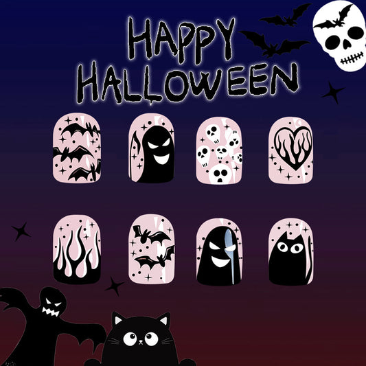 Spooky Elegance Short Oval Pink and Black Halloween Themed Press On Nail Set with Ghosts, Bats, and Skull Patterns