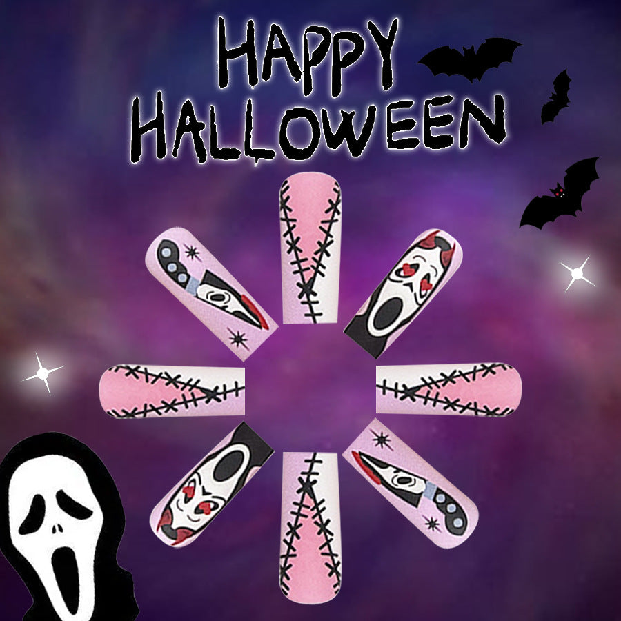 Spooky Elegance Long Square Pink Press On Nails With Ghostly Embellishments Perfect For Halloween Festivities