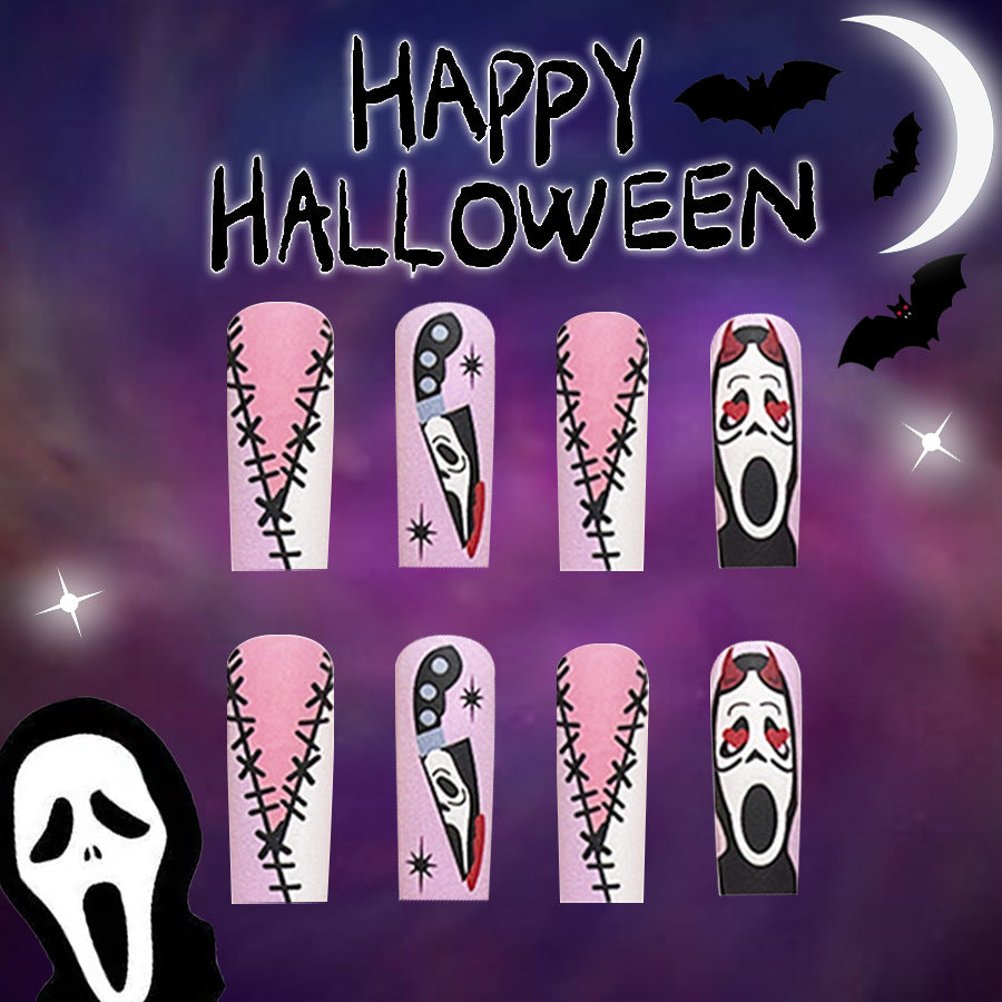 Spooky Elegance Long Square Pink Ghost Themed Press On Nail Set With Glitter Accents And Halloween Designs