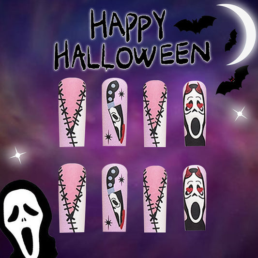 Spooky Elegance Long Square Pink Ghost Themed Press On Nail Set With Glitter Accents And Halloween Designs