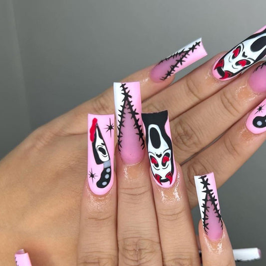 Carnival Masquerade Extra Long Square Pink And Black Press On Nails With Dramatic Clown Face Design